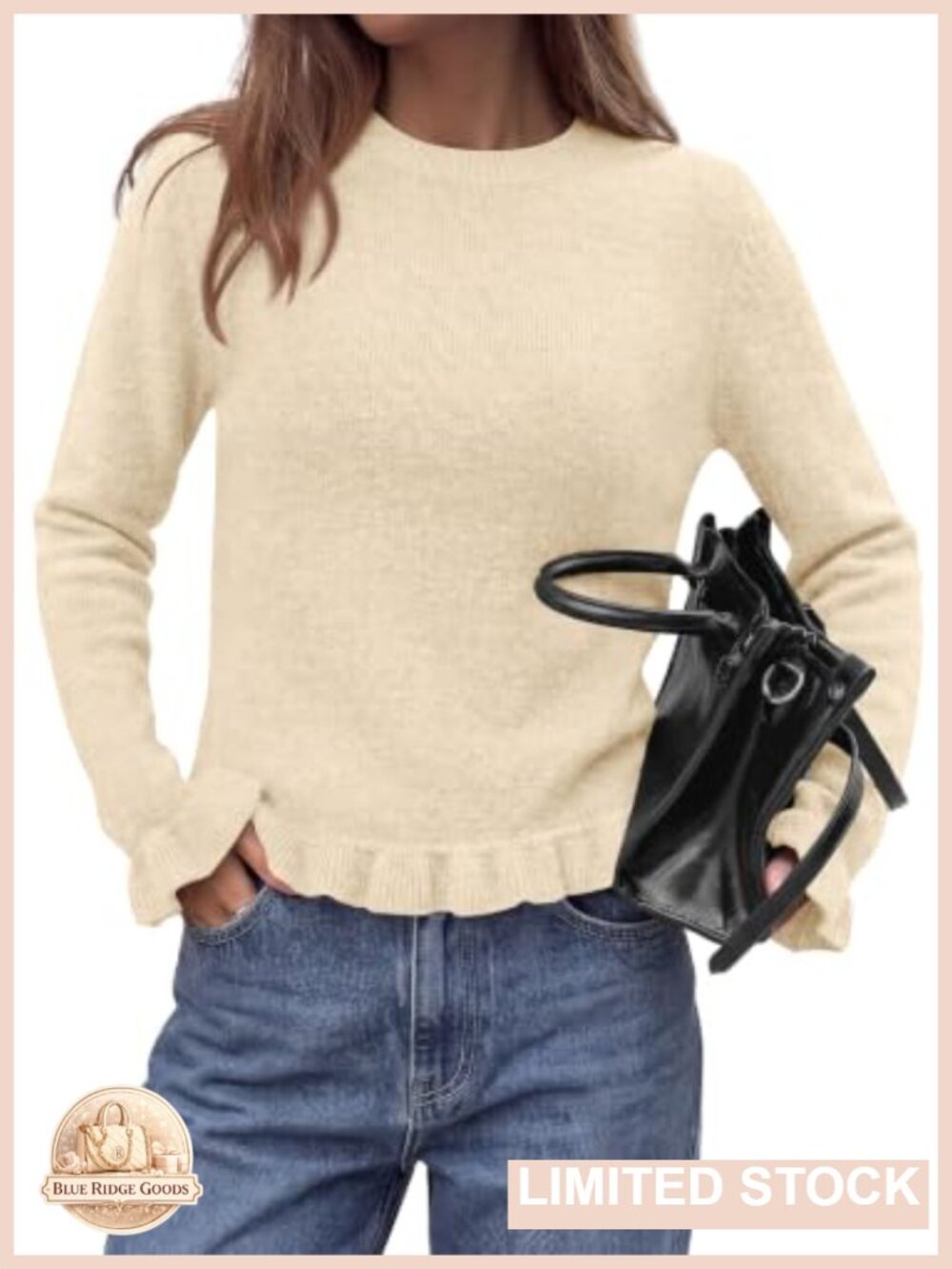 Ruffle Sweater Cozy Knit Pullover Crew Neck Long Sleeve Fall Winter Womens